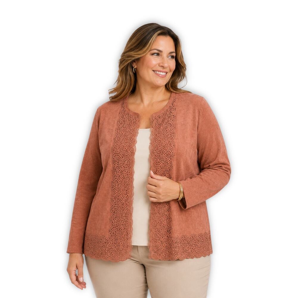 Chico's Women's Lace Trim Open Faux Suede Jacket Size 4 US XXL Pink Scalloped